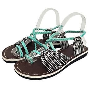 Stylish Bohemian Women's Turquoise and Black Hand Woven Braided Sandals Size 10